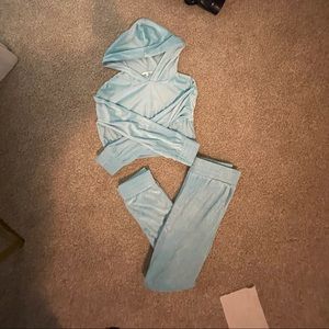 Baby blue velour jogger set with cropped hoodie